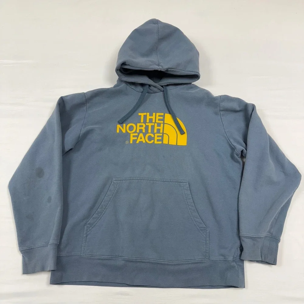 The North Face‎ Hoodie Mens L Dusty Blue & Yellow Spell Out Logo Pullover